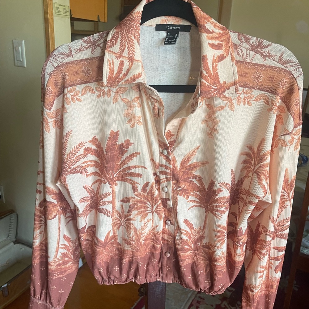 Tropical Print Button-Up Blouse